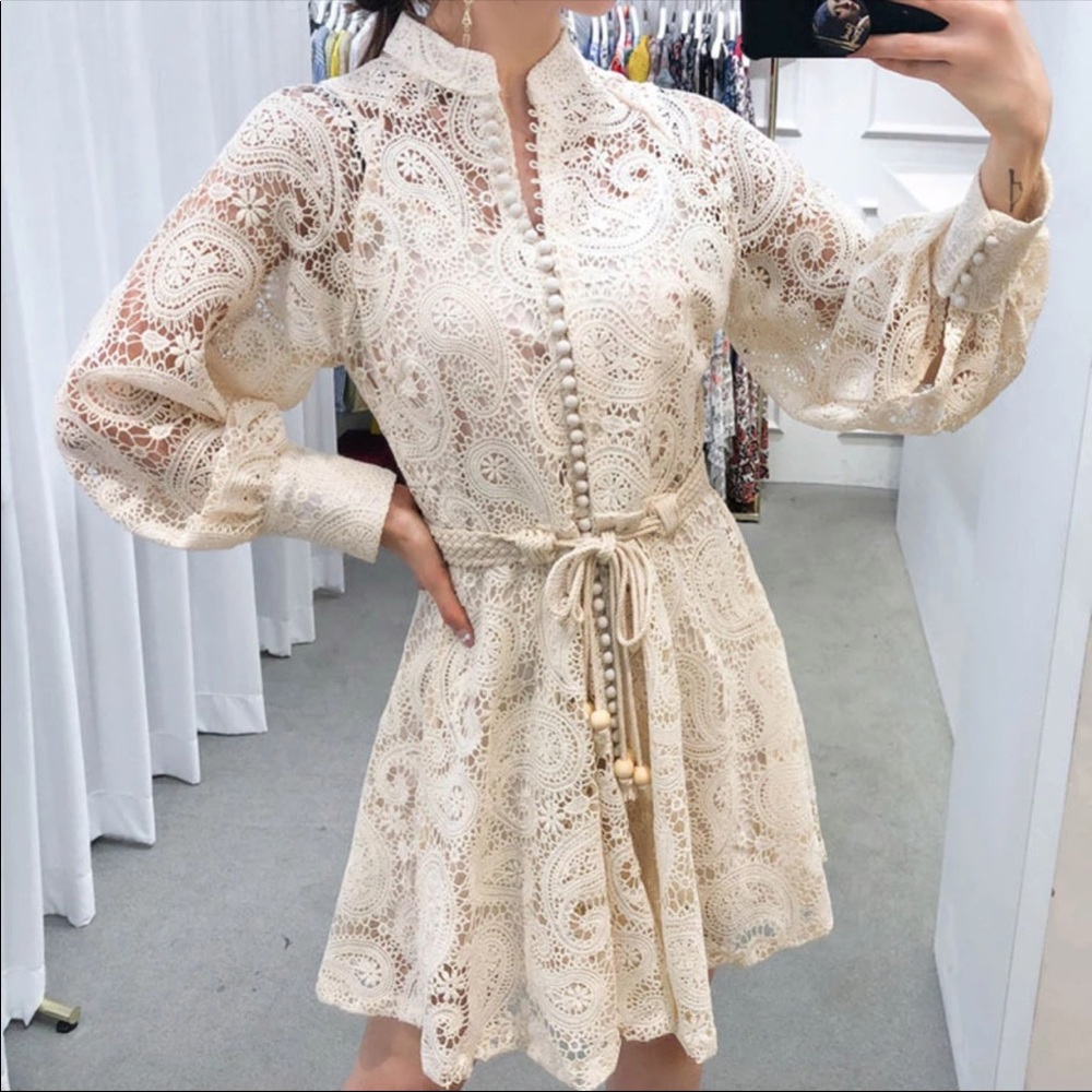 Embroidey Beige Dress Lantern Puff Sleeve Dress - Picture 7 of 16